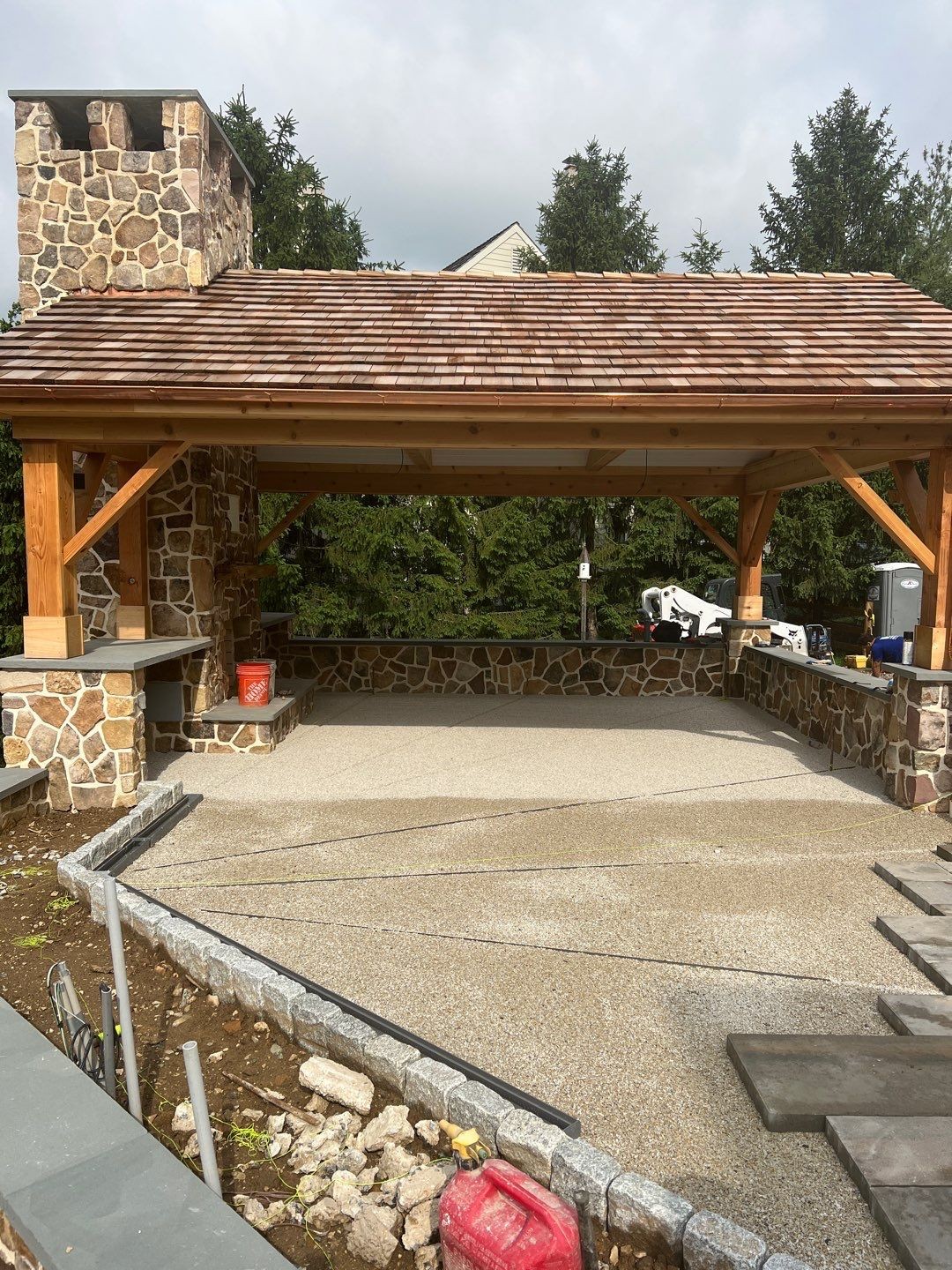 JHL Pergolas — West Chester: jhl pergolas cedar pavilion cedar shake roof stone chimney outdoor fireplace