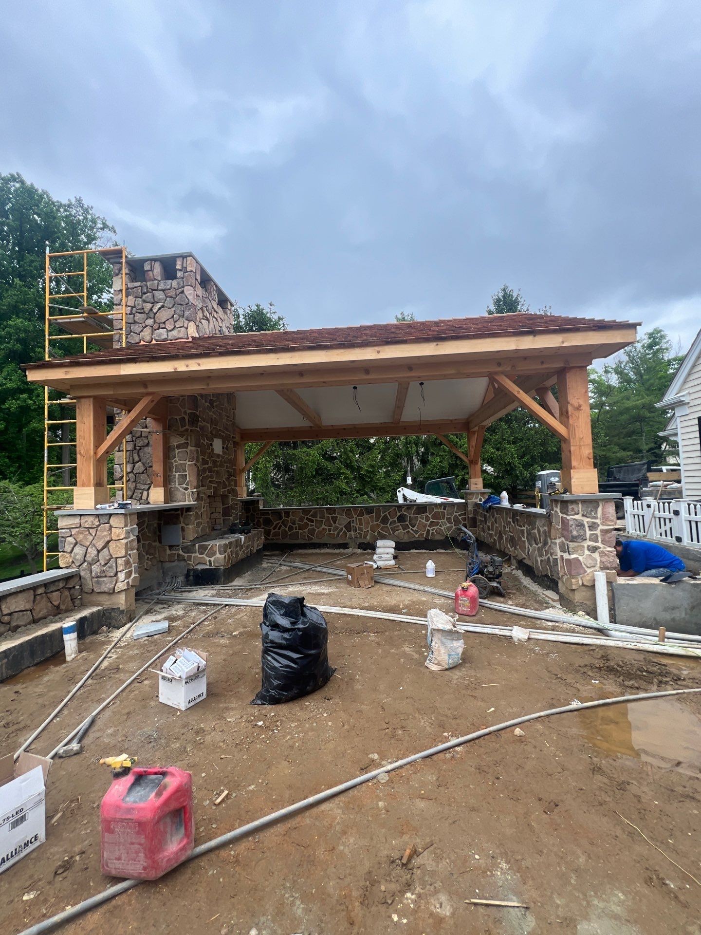 JHL Pergolas — West Chester: jhl pergolas cedar pavilion cedar shake roof stone chimney timber frame