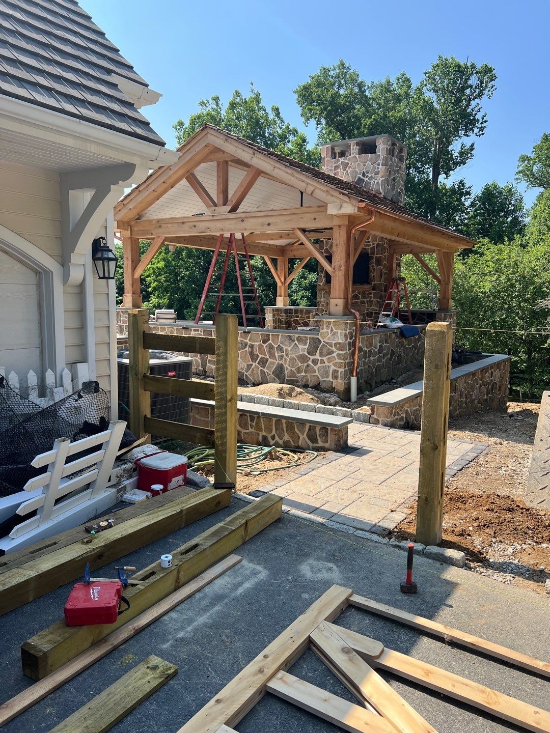 JHL Pergolas — West Chester: jhl pergolas cedar pavilion gable roof timber frame stone fireplace